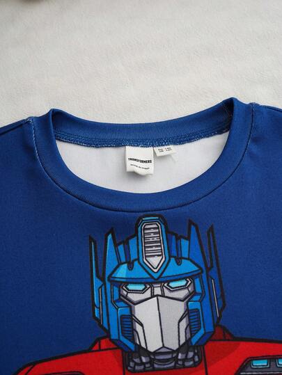 Transformers X SHEIN طقم بيجامة مكون من ملابس علوية رقبة طاقم مطبوع عليها طباعة روبوت وبنطلون مرن ملائم للمراهقين، مناسب للخريف والشتاء