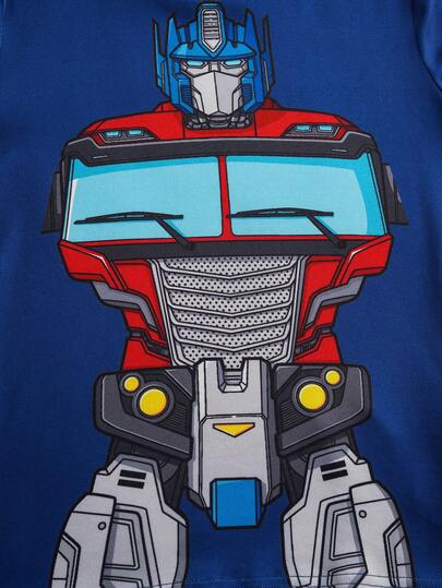 Transformers X SHEIN طقم بيجامة مكون من ملابس علوية رقبة طاقم مطبوع عليها طباعة روبوت وبنطلون مرن ملائم للمراهقين، مناسب للخريف والشتاء