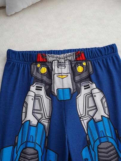 Transformers X SHEIN طقم بيجامة مكون من ملابس علوية رقبة طاقم مطبوع عليها طباعة روبوت وبنطلون مرن ملائم للمراهقين، مناسب للخريف والشتاء