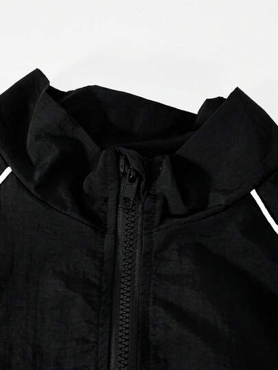 SHEIN Sparklyn مجموعة مكونة من 2 قطعة: جاكيت كاجوال مزود بسحاب وياقة عالية، باللون الأسود مع تريم أبيض، وبنطال فضفاض مطابق مزود بشريط أبيض وطبعة حرفية، مناسب للربيع والخريف والشتاء، للخارج والشارع والاستخدام اليومي والمنزل والسفر والمدرسة