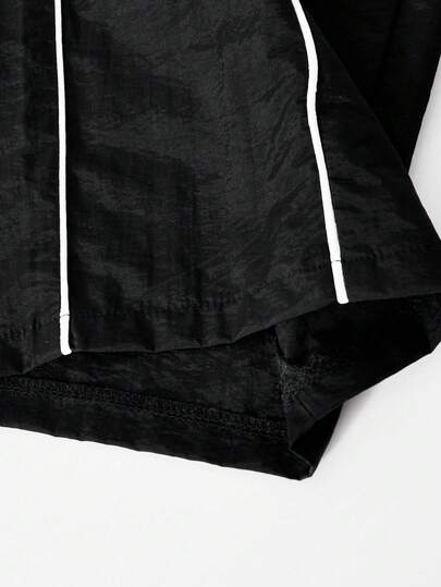 SHEIN Sparklyn مجموعة مكونة من 2 قطعة: جاكيت كاجوال مزود بسحاب وياقة عالية، باللون الأسود مع تريم أبيض، وبنطال فضفاض مطابق مزود بشريط أبيض وطبعة حرفية، مناسب للربيع والخريف والشتاء، للخارج والشارع والاستخدام اليومي والمنزل والسفر والمدرسة