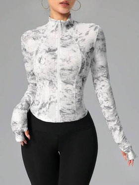 SHEIN Sovereign Charm جاكيت رياضي نسائي مطبوع بطباعة التعتيق ذو أكمام طويلة وسحاب