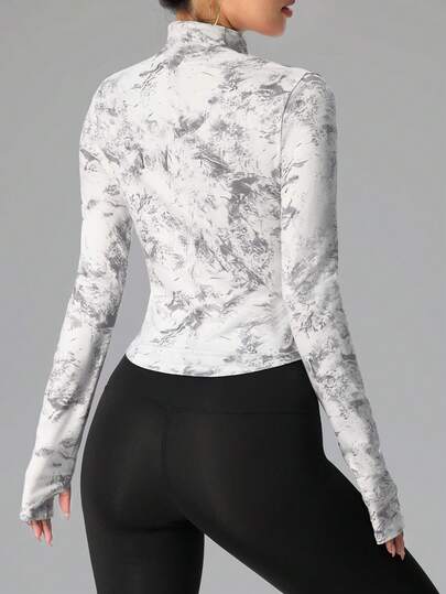 SHEIN Sovereign Charm جاكيت رياضي نسائي مطبوع بطباعة التعتيق ذو أكمام طويلة وسحاب