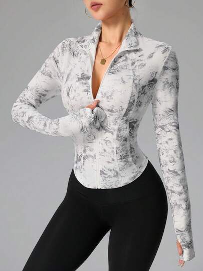 SHEIN Sovereign Charm جاكيت رياضي نسائي مطبوع بطباعة التعتيق ذو أكمام طويلة وسحاب