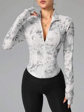 SHEIN Sovereign Charm جاكيت رياضي نسائي مطبوع بطباعة التعتيق ذو أكمام طويلة وسحاب