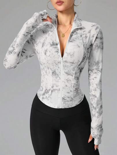 SHEIN Sovereign Charm جاكيت رياضي نسائي مطبوع بطباعة التعتيق ذو أكمام طويلة وسحاب