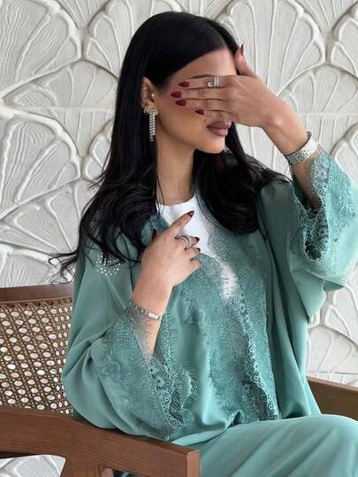 معطف طويل متواضع من الدانتيل والرقعة، عباءة، أزياء إسلامية، ثوب طويل