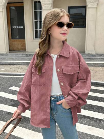 SHEIN معطف بأكمام طويلة وجيوب قابلة للطي للفتيات المراهقات من قماش الكوردروي، للارتداء اليومي الكاجوال في فصلي الخريف والشتاء