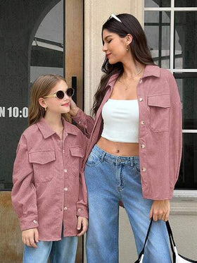 SHEIN معطف بأكمام طويلة وجيوب قابلة للطي للفتيات المراهقات من قماش الكوردروي، للارتداء اليومي الكاجوال في فصلي الخريف والشتاء