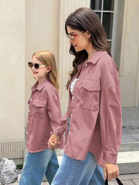 SHEIN معطف بأكمام طويلة وجيوب قابلة للطي للفتيات المراهقات من قماش الكوردروي، للارتداء اليومي الكاجوال في فصلي الخريف والشتاء