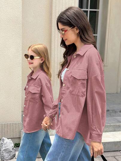 SHEIN معطف بأكمام طويلة وجيوب قابلة للطي للفتيات المراهقات من قماش الكوردروي، للارتداء اليومي الكاجوال في فصلي الخريف والشتاء