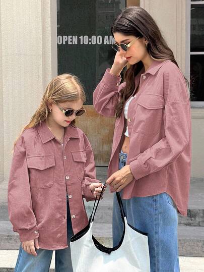 SHEIN معطف بأكمام طويلة وجيوب قابلة للطي للفتيات المراهقات من قماش الكوردروي، للارتداء اليومي الكاجوال في فصلي الخريف والشتاء