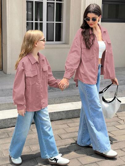 SHEIN معطف بأكمام طويلة وجيوب قابلة للطي للفتيات المراهقات من قماش الكوردروي، للارتداء اليومي الكاجوال في فصلي الخريف والشتاء