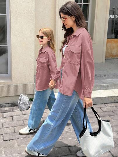 SHEIN معطف بأكمام طويلة وجيوب قابلة للطي للفتيات المراهقات من قماش الكوردروي، للارتداء اليومي الكاجوال في فصلي الخريف والشتاء