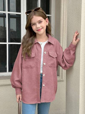 SHEIN معطف بأكمام طويلة وجيوب قابلة للطي للفتيات المراهقات من قماش الكوردروي، للارتداء اليومي الكاجوال في فصلي الخريف والشتاء