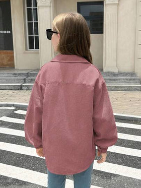 SHEIN معطف بأكمام طويلة وجيوب قابلة للطي للفتيات المراهقات من قماش الكوردروي، للارتداء اليومي الكاجوال في فصلي الخريف والشتاء