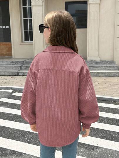 SHEIN معطف بأكمام طويلة وجيوب قابلة للطي للفتيات المراهقات من قماش الكوردروي، للارتداء اليومي الكاجوال في فصلي الخريف والشتاء