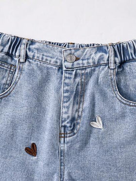 SHEIN ChillGRL بنطلون جينز فضفاض بتطريز قلب للفتيات المراهقات موضة خريف وشتاء 2025، جينز فضفاض وكيوت للمدرسة بطراز Y2K للفتيات في التسعينيات