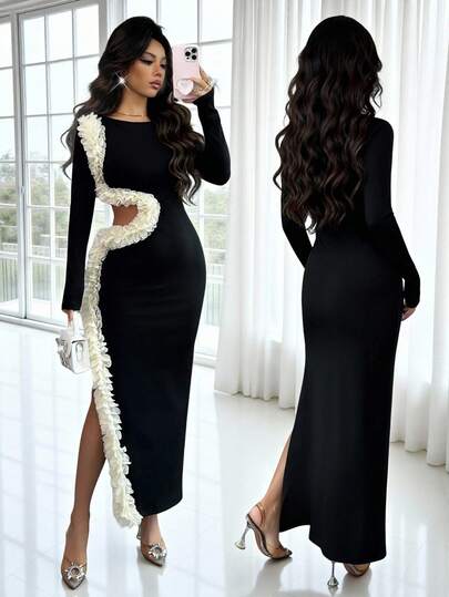 Rafferiza فستان نسائي بياقة مستديرة وشق ضيق وخصر مشدود، تصميم غير منتظم مع خصر مفرغ، تصميم زهرة ثلاثية الأبعاد، فستان لوحة شطرنج أسود وأبيض، ملابس خريف وشتاء، أنيق وأنثوي وأنيق، للارتداء اليومي، حفلات الزفاف والحفلات الرسمية، والتنقل اليومي، وحفلات التخرج