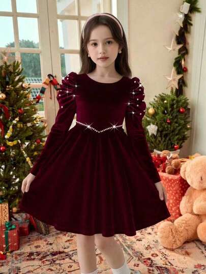 Elladie kids فستان بنات صغيرات من الأحمر البرغندي المخمل المزين بالخرز، ذو رقبة على شكل V وأكمام منتفخة، قصة A-line، مناسب للربيع/الخريف، الشتاء، رأس السنة، الحفلات، عيد الميلاد