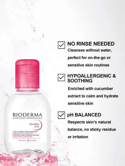 Bioderma ماء ميسيلار سانسيبيو إتش 2 أو - منظف للبشرة الحساسة، صيغة بدون شطف، موصى به من قبل الأطباء الجلديين، حجم السفر - 100 مل/3.38 أونصة