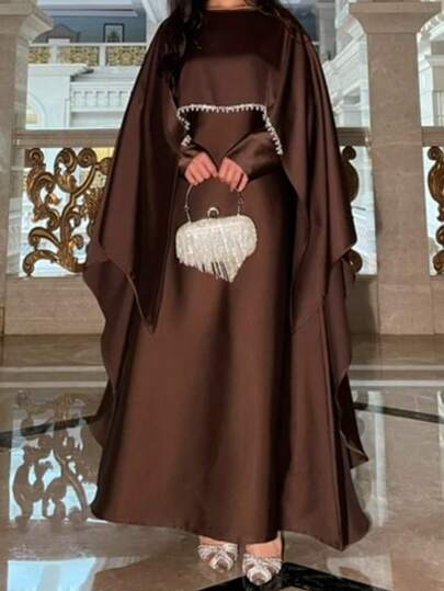 عباءة ساتان فستان أنيق، عباءة مناسبة للمناسبات، فستان محتشم مزين باللؤلؤ والكريستال