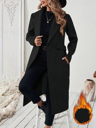 SHEIN PETITE معطف أساسي للنساء مصنوع من خليط الصوف مع طوق مقطع، حزام أزرار، تصميم مشدود الخصر، مناسب للتنقل والأعمال، خريف/شتاء