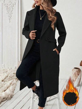 SHEIN PETITE معطف أساسي للنساء مصنوع من خليط الصوف مع طوق مقطع، حزام أزرار، تصميم مشدود الخصر، مناسب للتنقل والأعمال، خريف/شتاء
