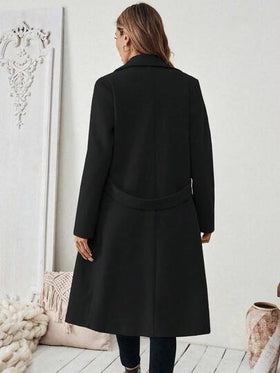 SHEIN PETITE معطف أساسي للنساء مصنوع من خليط الصوف مع طوق مقطع، حزام أزرار، تصميم مشدود الخصر، مناسب للتنقل والأعمال، خريف/شتاء