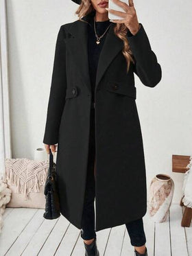 SHEIN PETITE معطف أساسي للنساء مصنوع من خليط الصوف مع طوق مقطع، حزام أزرار، تصميم مشدود الخصر، مناسب للتنقل والأعمال، خريف/شتاء