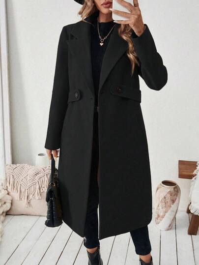 SHEIN PETITE معطف أساسي للنساء مصنوع من خليط الصوف مع طوق مقطع، حزام أزرار، تصميم مشدود الخصر، مناسب للتنقل والأعمال، خريف/شتاء