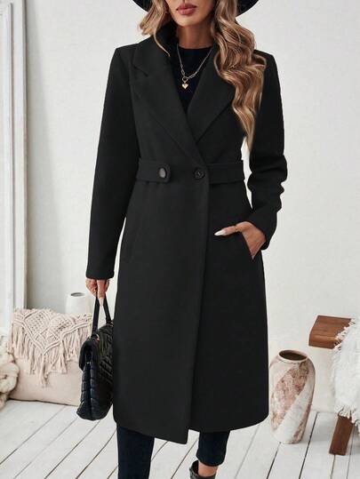 SHEIN PETITE معطف أساسي للنساء مصنوع من خليط الصوف مع طوق مقطع، حزام أزرار، تصميم مشدود الخصر، مناسب للتنقل والأعمال، خريف/شتاء