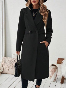 SHEIN PETITE معطف أساسي للنساء مصنوع من خليط الصوف مع طوق مقطع، حزام أزرار، تصميم مشدود الخصر، مناسب للتنقل والأعمال، خريف/شتاء