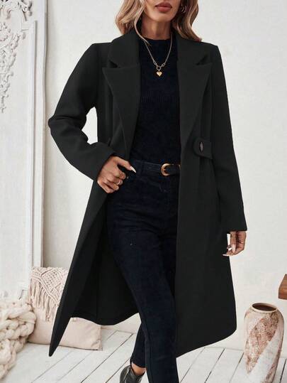 SHEIN PETITE معطف أساسي للنساء مصنوع من خليط الصوف مع طوق مقطع، حزام أزرار، تصميم مشدود الخصر، مناسب للتنقل والأعمال، خريف/شتاء