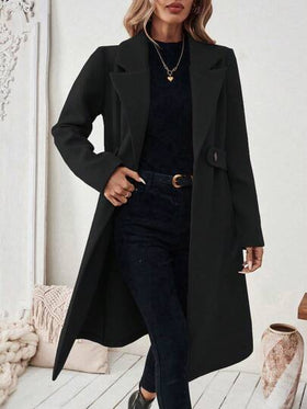 SHEIN PETITE معطف أساسي للنساء مصنوع من خليط الصوف مع طوق مقطع، حزام أزرار، تصميم مشدود الخصر، مناسب للتنقل والأعمال، خريف/شتاء