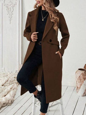 SHEIN PETITE معطف أساسي للنساء مصنوع من خليط الصوف مع طوق مقطع، حزام أزرار، تصميم مشدود الخصر، مناسب للتنقل والأعمال، خريف/شتاء