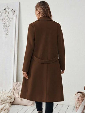 SHEIN PETITE معطف أساسي للنساء مصنوع من خليط الصوف مع طوق مقطع، حزام أزرار، تصميم مشدود الخصر، مناسب للتنقل والأعمال، خريف/شتاء
