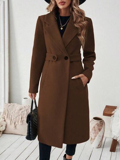 SHEIN PETITE معطف أساسي للنساء مصنوع من خليط الصوف مع طوق مقطع، حزام أزرار، تصميم مشدود الخصر، مناسب للتنقل والأعمال، خريف/شتاء