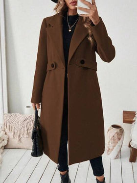 SHEIN PETITE معطف أساسي للنساء مصنوع من خليط الصوف مع طوق مقطع، حزام أزرار، تصميم مشدود الخصر، مناسب للتنقل والأعمال، خريف/شتاء