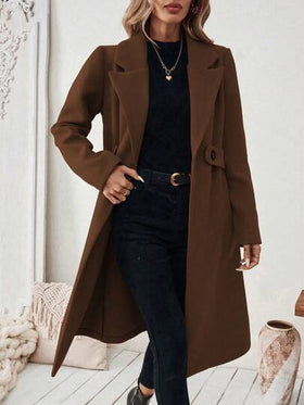 SHEIN PETITE معطف أساسي للنساء مصنوع من خليط الصوف مع طوق مقطع، حزام أزرار، تصميم مشدود الخصر، مناسب للتنقل والأعمال، خريف/شتاء