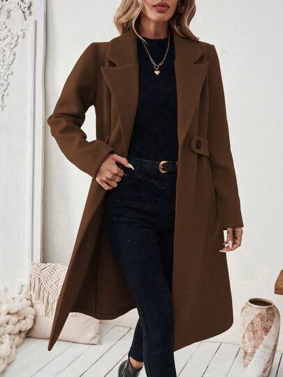 SHEIN PETITE معطف أساسي للنساء مصنوع من خليط الصوف مع طوق مقطع، حزام أزرار، تصميم مشدود الخصر، مناسب للتنقل والأعمال، خريف/شتاء