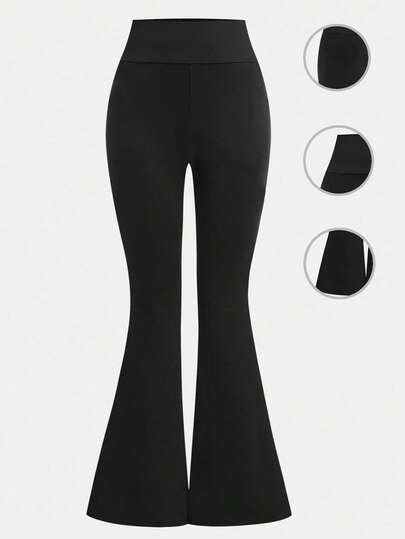 SHEIN Girlism بنطلون يوجا بخصر عالي وساق ضيق مرن للفتيات المراهقات، مع جيوب، بنطلون ذو ساق واسعة متعدد الاستخدامات للارتداء اليومي