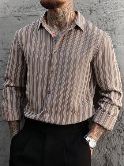 Manfinity CasualCool قميص كاجوال بأكمام طويلة مخطط بالبني والأبيض للرجال، خريف