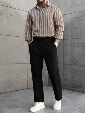 Manfinity CasualCool قميص كاجوال بأكمام طويلة مخطط بالبني والأبيض للرجال، خريف