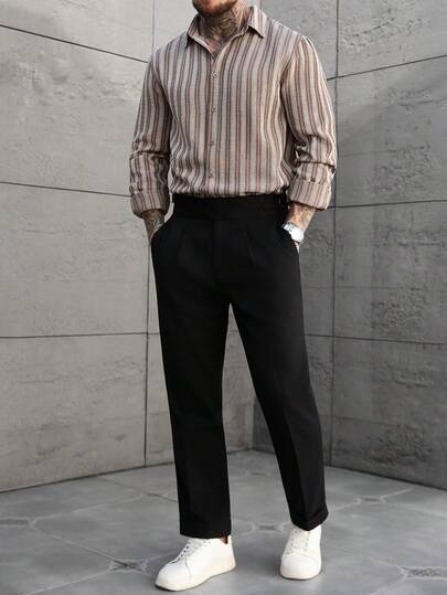 Manfinity CasualCool قميص كاجوال بأكمام طويلة مخطط بالبني والأبيض للرجال، خريف
