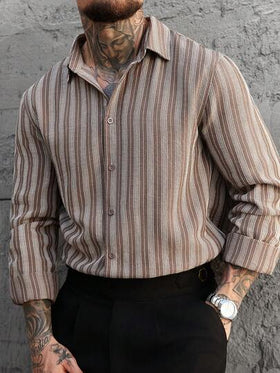 Manfinity CasualCool قميص كاجوال بأكمام طويلة مخطط بالبني والأبيض للرجال، خريف