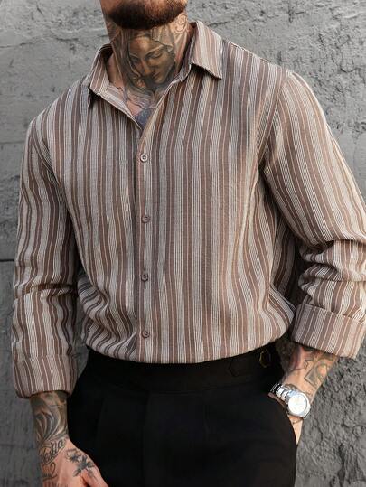 Manfinity CasualCool قميص كاجوال بأكمام طويلة مخطط بالبني والأبيض للرجال، خريف
