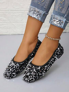 أحذية باليه نسائية أنيقة بترتر أسود وفضي، أحذية منخفضة جديدة للخريف للارتداء اليومي، للحفلات اللامعة، للتنقل، ذات قاع ناعم، بتصميم سوار ماري جين أسود