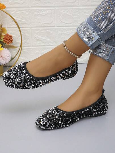 أحذية باليه نسائية أنيقة بترتر أسود وفضي، أحذية منخفضة جديدة للخريف للارتداء اليومي، للحفلات اللامعة، للتنقل، ذات قاع ناعم، بتصميم سوار ماري جين أسود