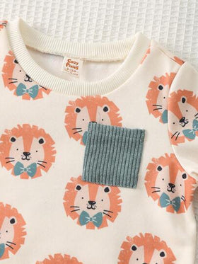 Cozy Pixies مجموعة بنطلون وبلوزة طويلة الأكمام بطبعات حيوانات كرتونية للأطفال الصبية، قطعتان، قطن ناعم وخصر مطاطي
